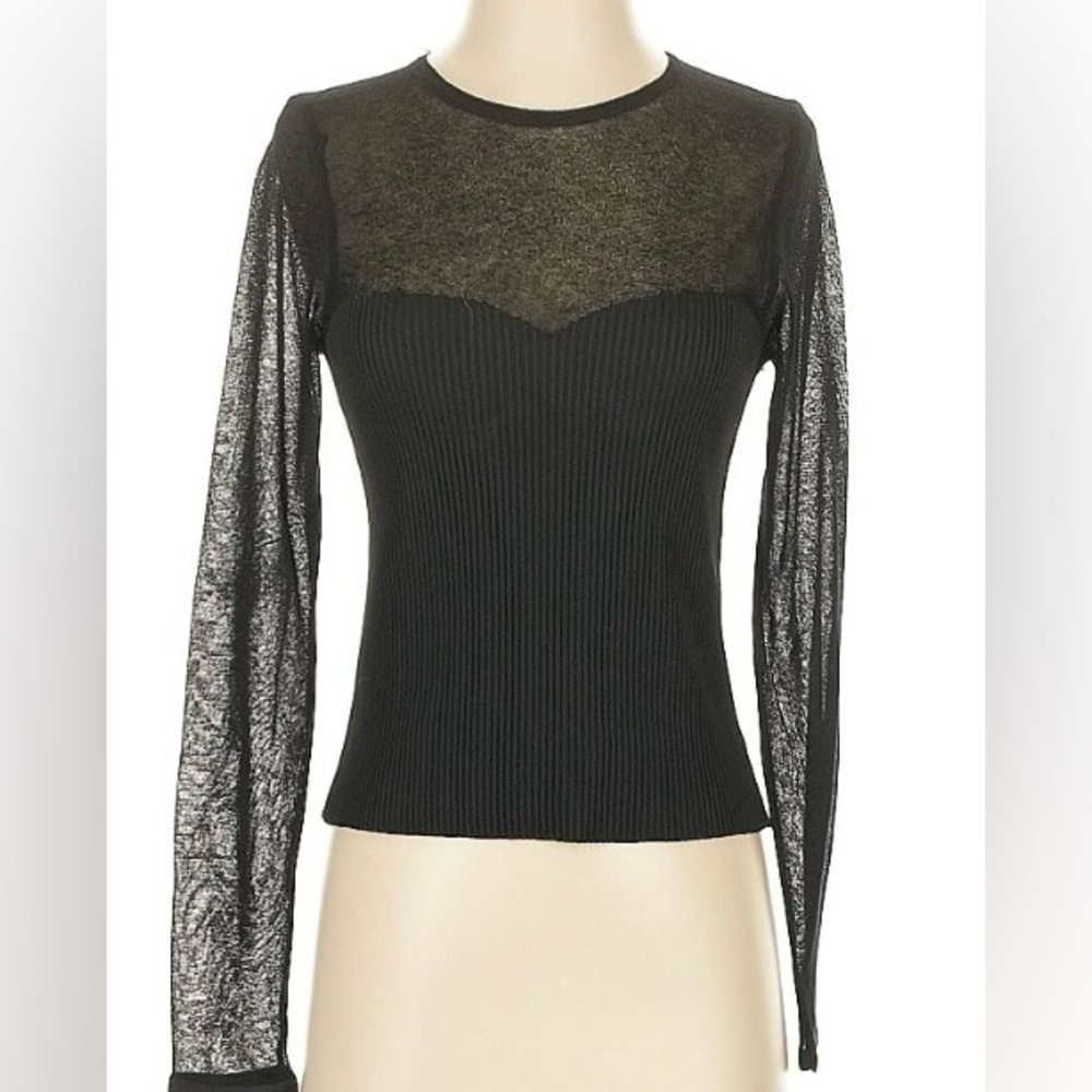 Anthropologie Black Ribbed Blouse with Sheer Sleeves